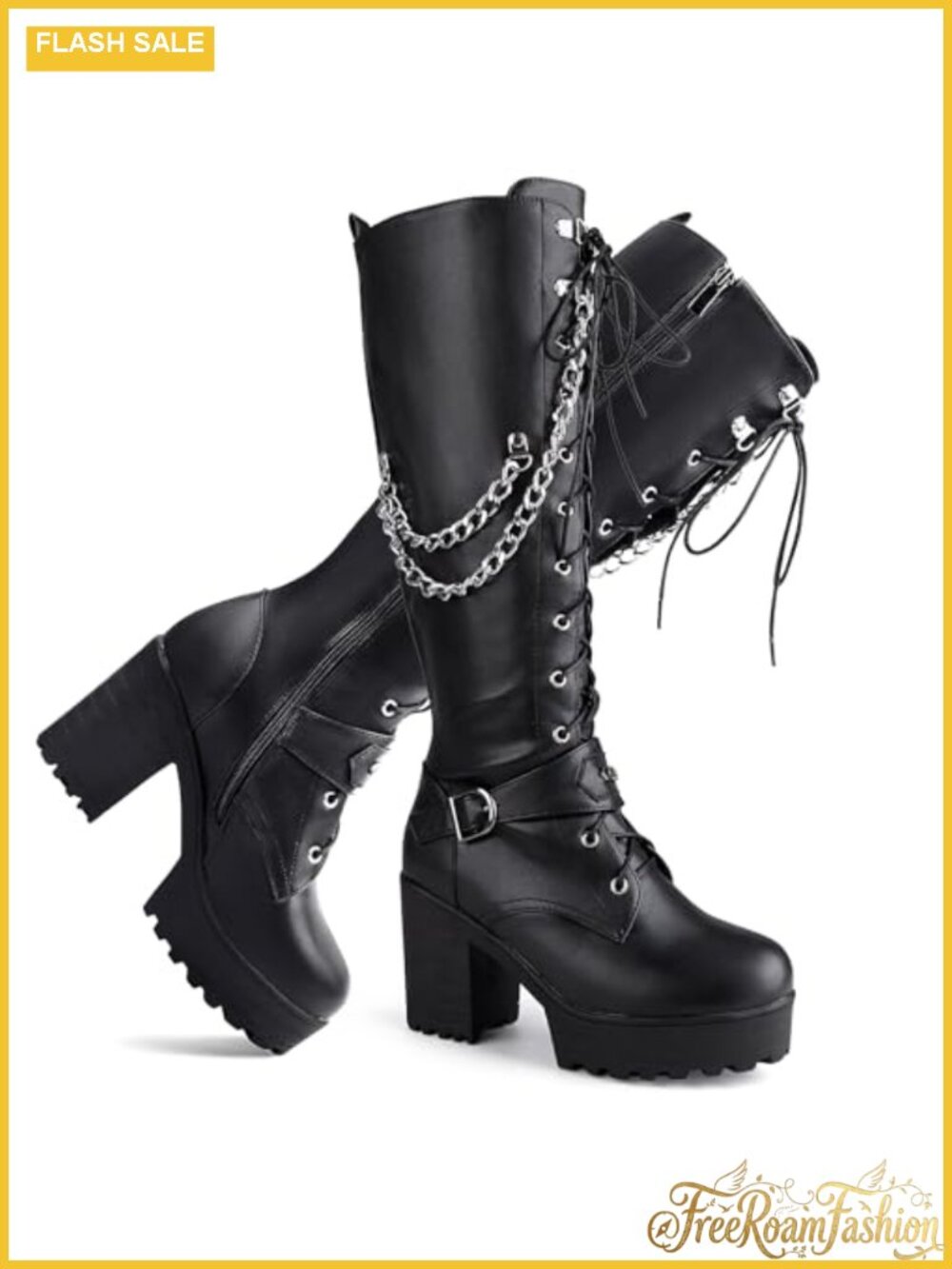 Wome's Knee High Platform Boots Lace Up Side Zipper Combat Boots Synthetic